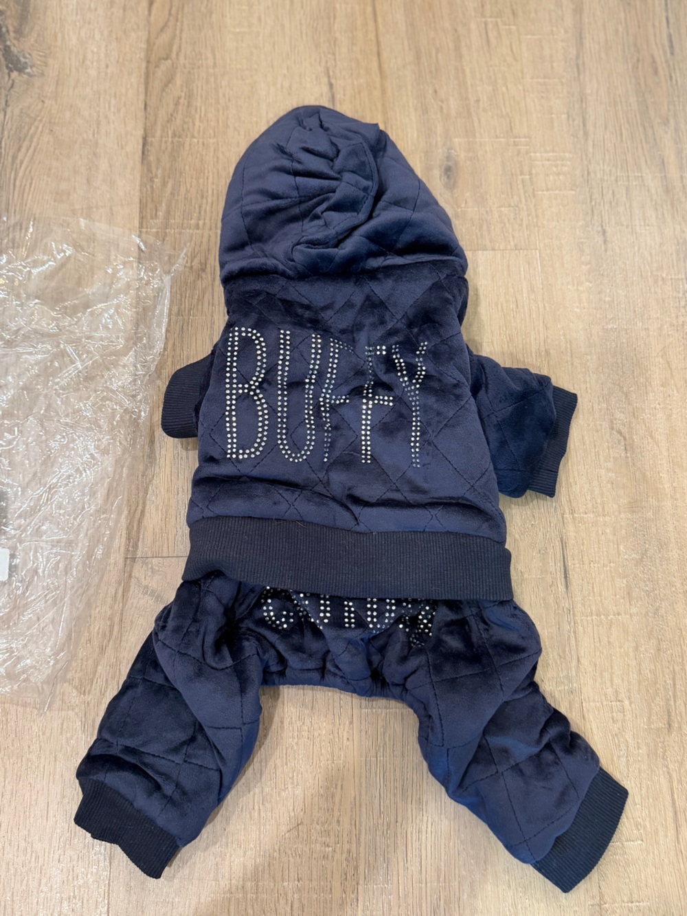 Dog Winter Jumpsuit Navy Blue Quilted Hooded Rhinestone Pet Coat Snowsuit Size L